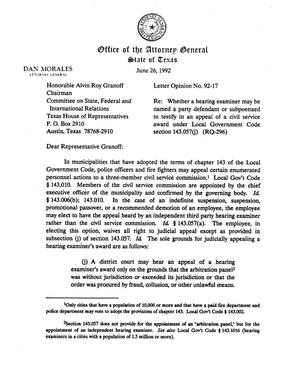 Primary view of object titled 'Texas Attorney General Opinion: LO92-017'.