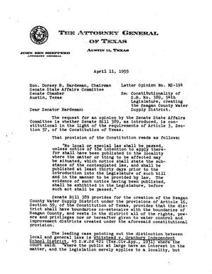 Primary view of object titled 'Texas Attorney General Opinion: MS-194'.