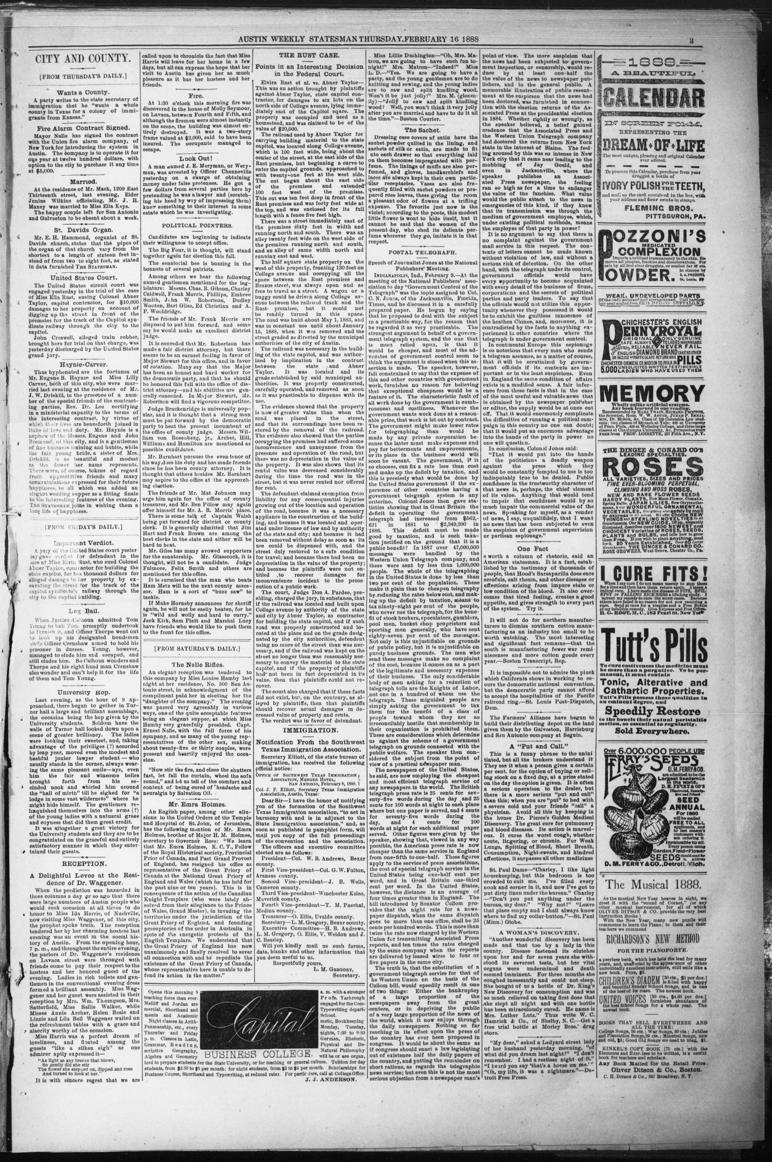 Austin Weekly Statesman. (Austin, Tex.), Vol. 17, No. 13, Ed. 1 Thursday, February 16, 1888
                                                
                                                    [Sequence #]: 3 of 8
                                                