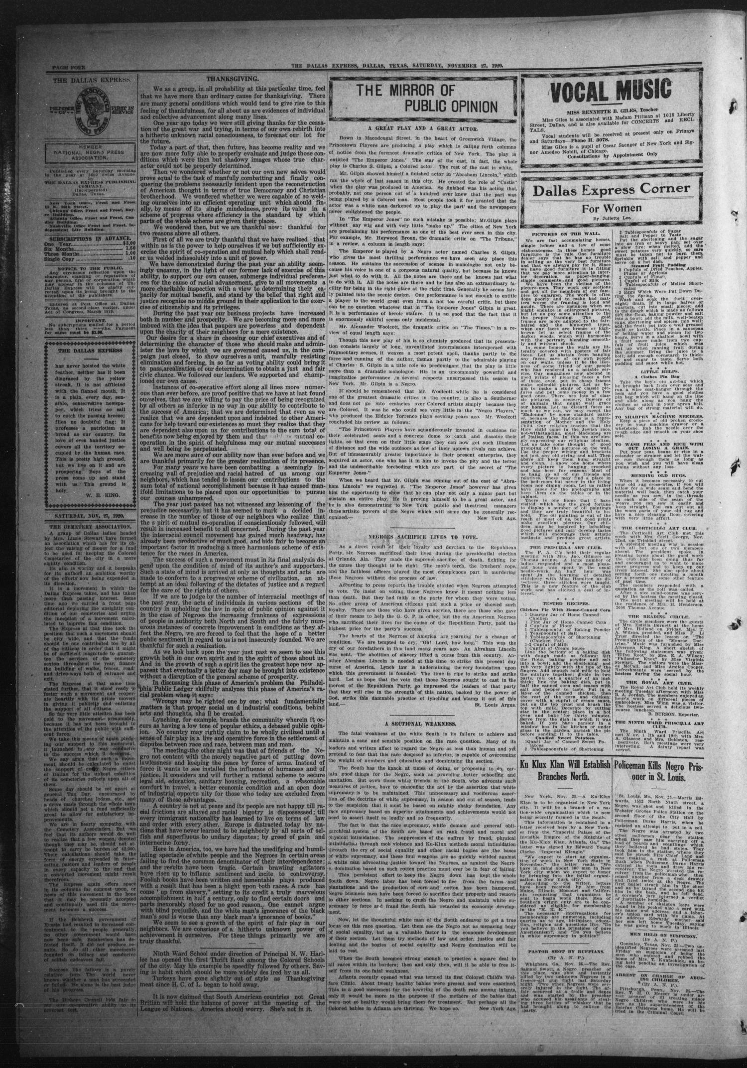 The Dallas Express (Dallas, Tex.), Vol. 28, No. 8, Ed. 1 Saturday, November 27, 1920
                                                
                                                    [Sequence #]: 4 of 8
                                                