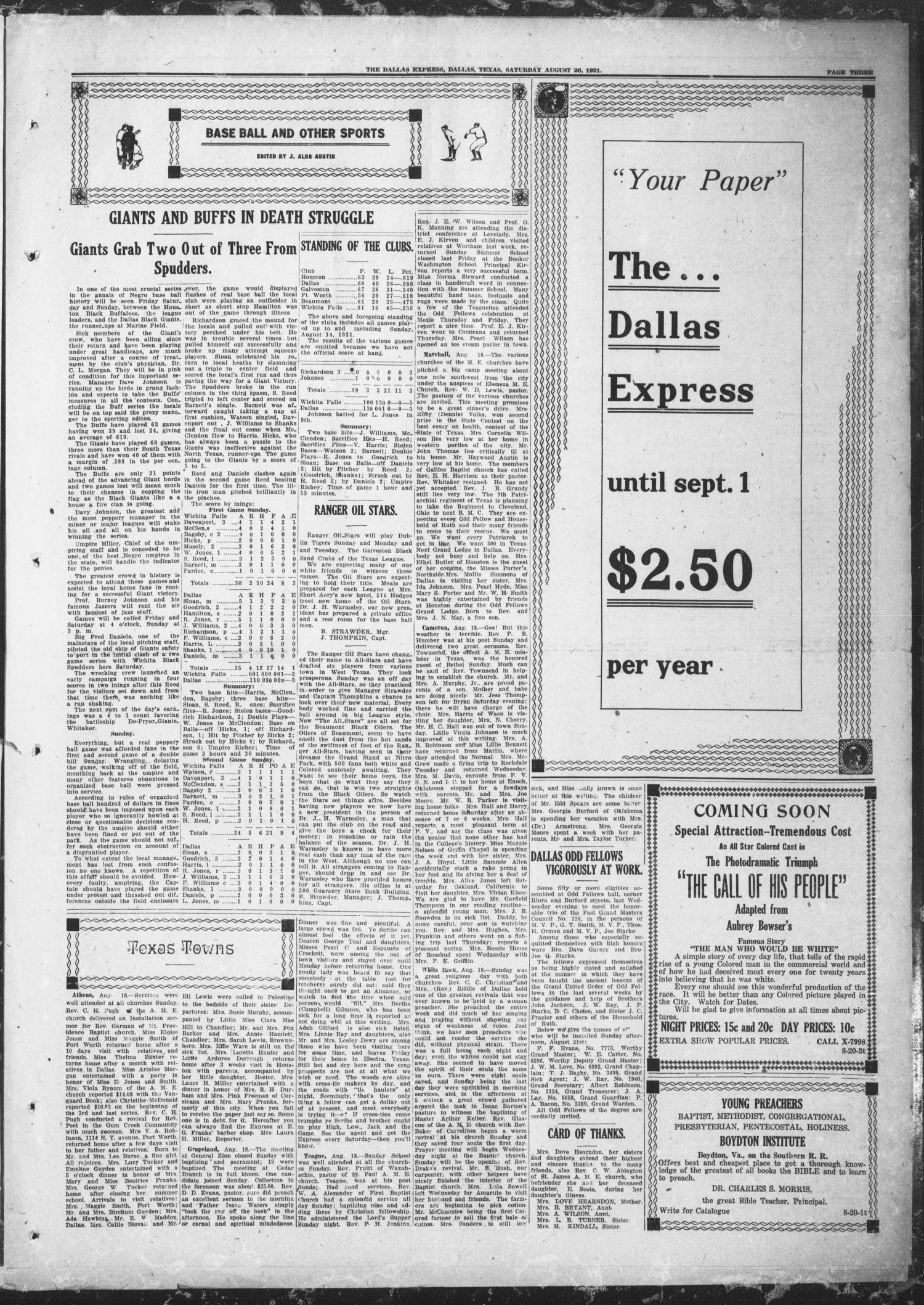 The Dallas Express (Dallas, Tex.), Vol. 28, No. 45, Ed. 1 Saturday, August 20, 1921
                                                
                                                    [Sequence #]: 3 of 8
                                                