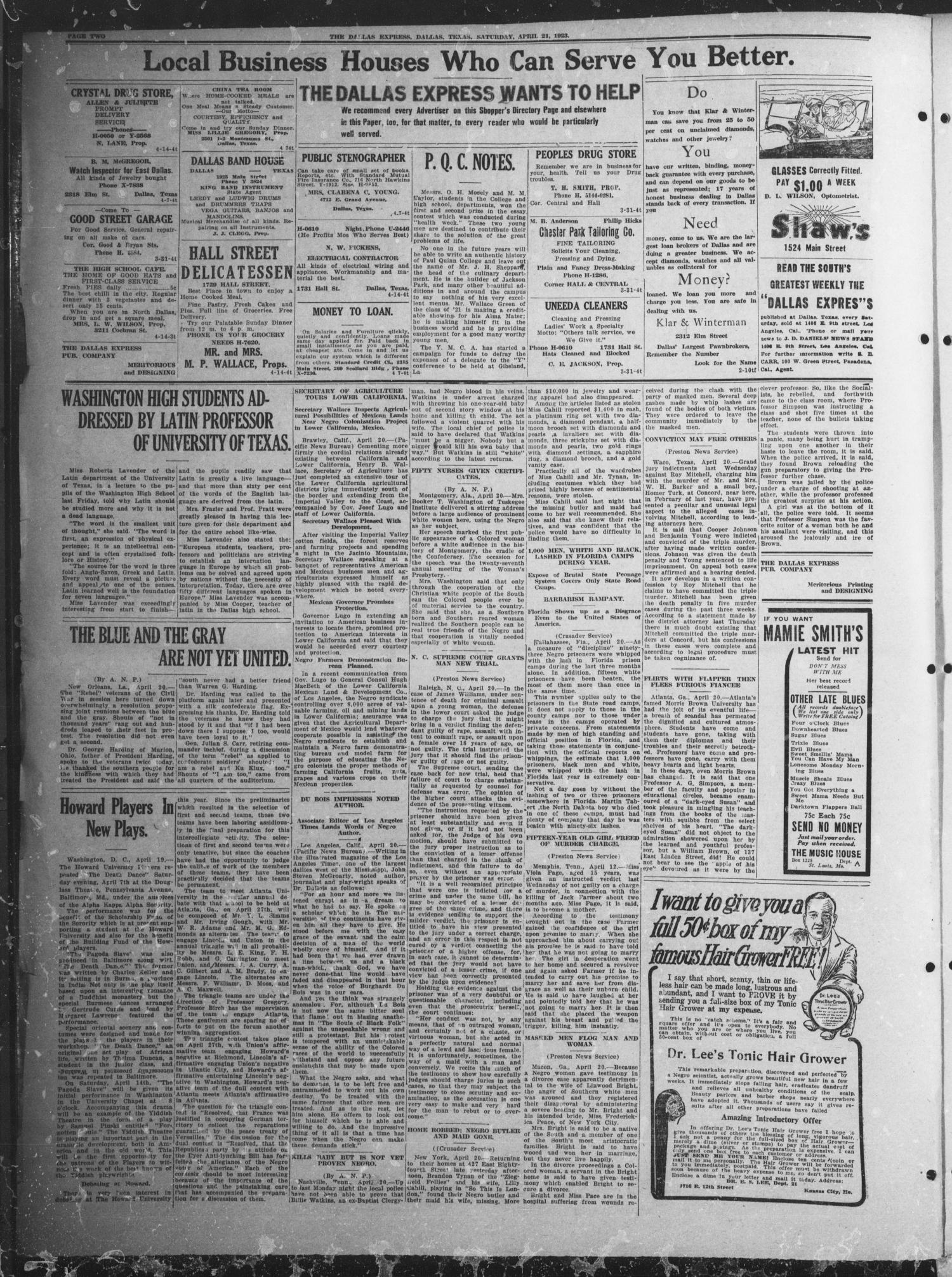 The Dallas Express (Dallas, Tex.), Vol. 30, No. 26, Ed. 1 Saturday, April 21, 1923
                                                
                                                    [Sequence #]: 2 of 8
                                                