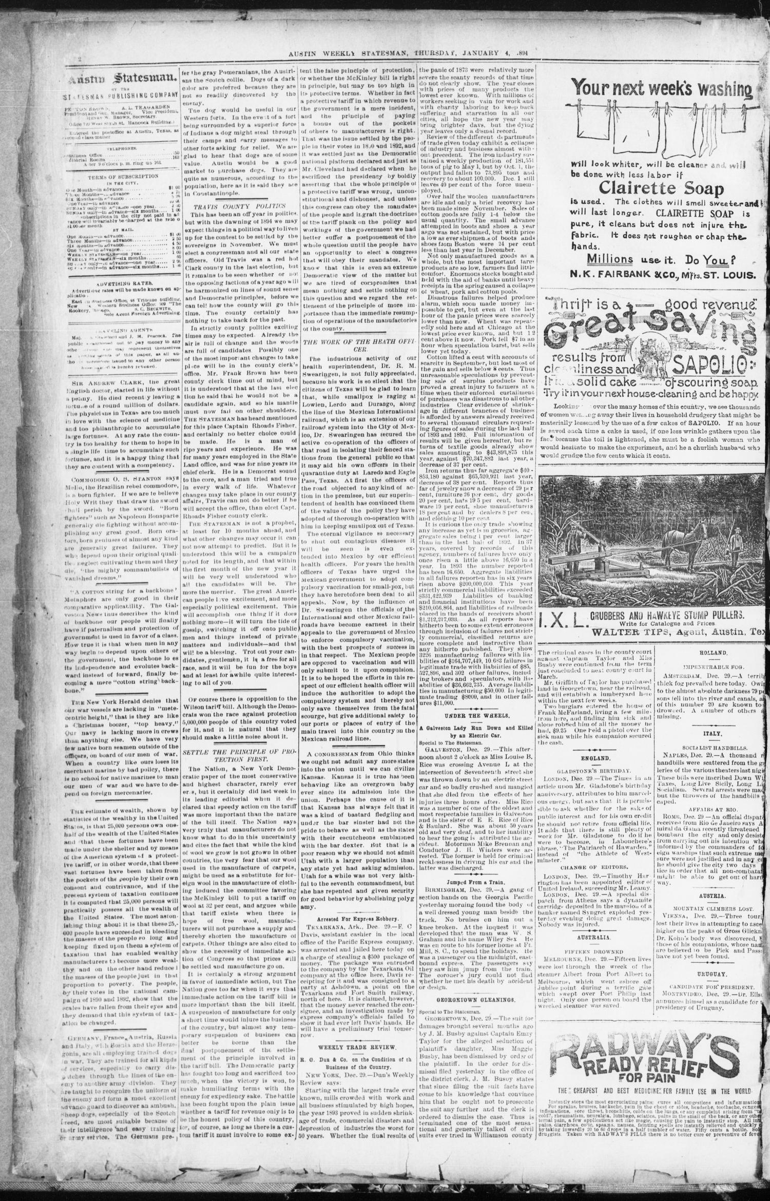 The Austin Weekly Statesman. (Austin, Tex.), Vol. 23, Ed. 1 Thursday, January 4, 1894
                                                
                                                    [Sequence #]: 2 of 8
                                                