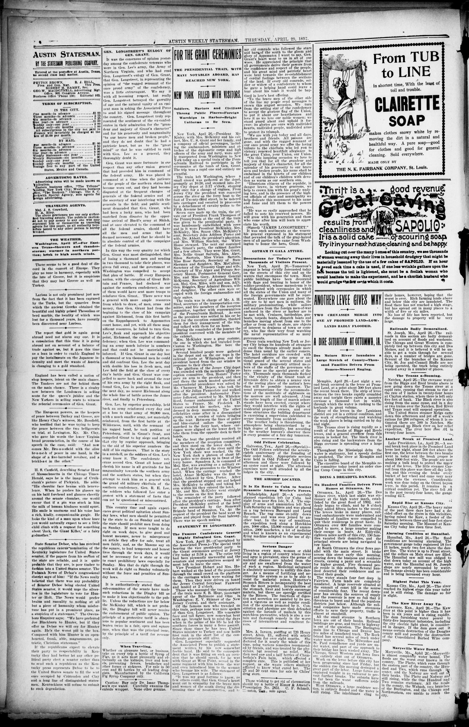 Austin Weekly Statesman. (Austin, Tex.), Vol. 26, Ed. 1 Thursday, April 29, 1897
                                                
                                                    [Sequence #]: 4 of 12
                                                