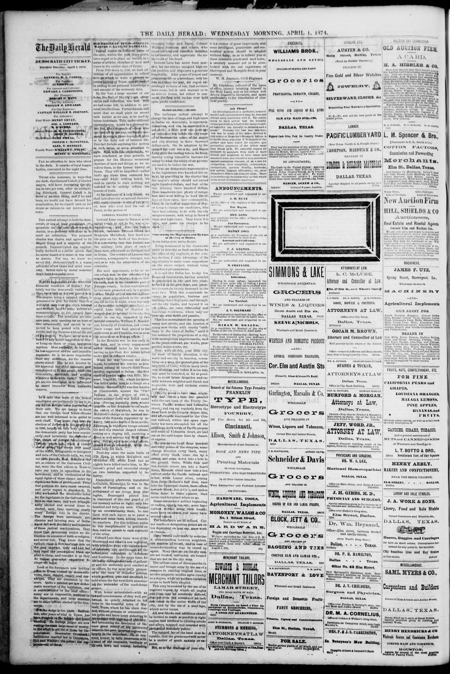 The Dallas Daily Herald. (Dallas, Tex.), Vol. 2, No. 43, Ed. 1 Wednesday, April 1, 1874
                                                
                                                    [Sequence #]: 2 of 4
                                                