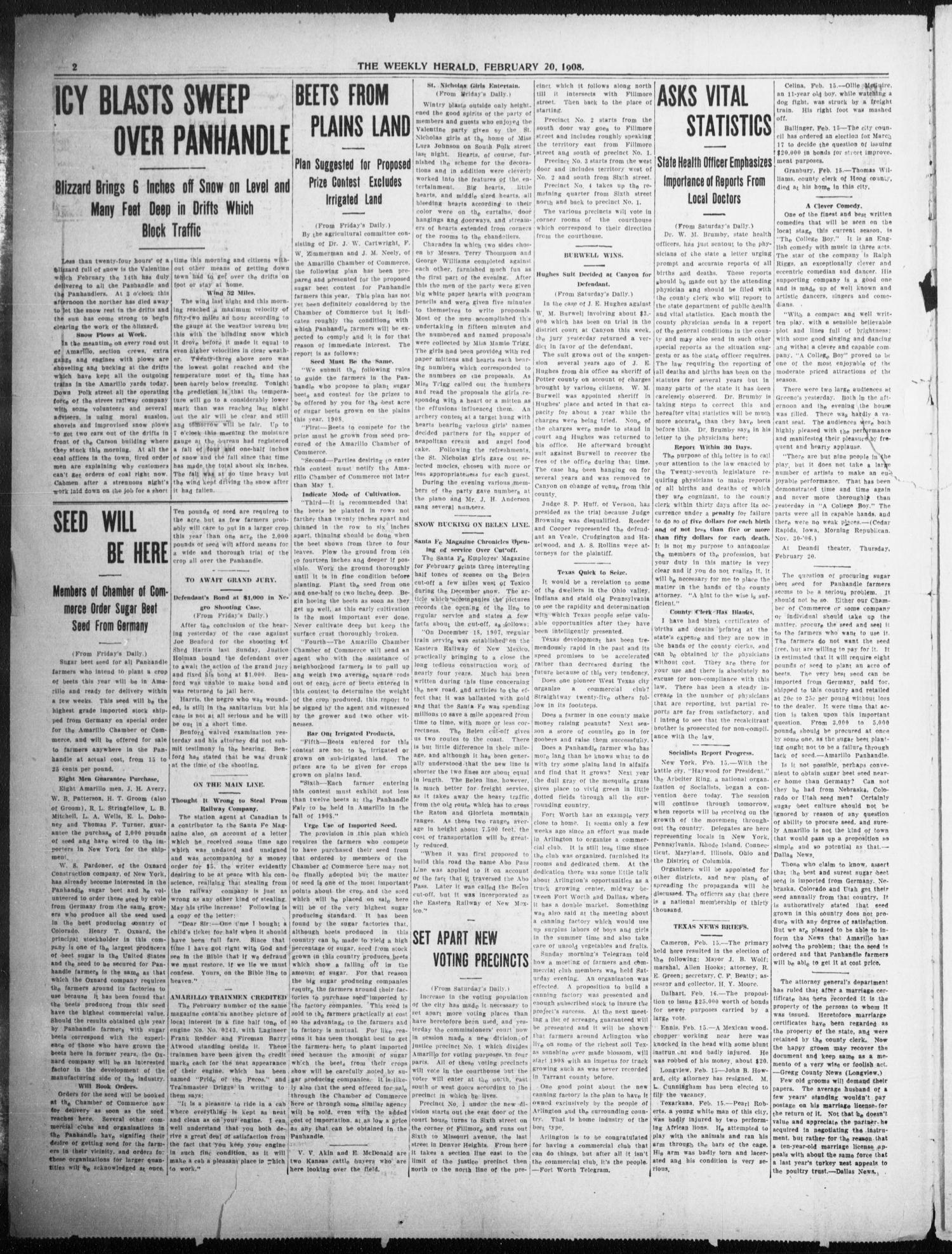 The Weekly Herald. (Amarillo, Tex.), Vol. 23, No. 8, Ed. 1 Thursday, February 20, 1908
                                                
                                                    [Sequence #]: 2 of 8
                                                