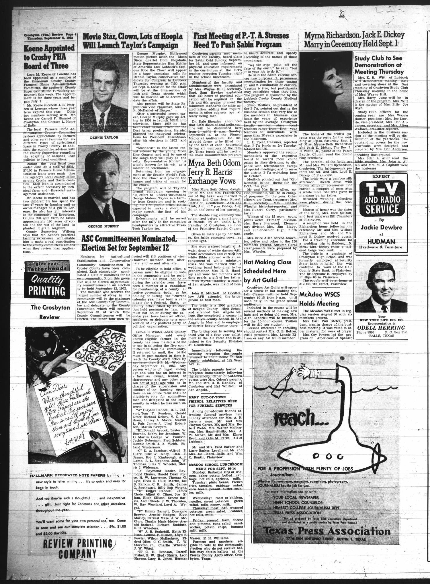 The Crosbyton Review (Crosbyton, Tex.), Vol. 54, No. 36, Ed. 1 Thursday, September 6, 1962
                                                
                                                    [Sequence #]: 4 of 12
                                                