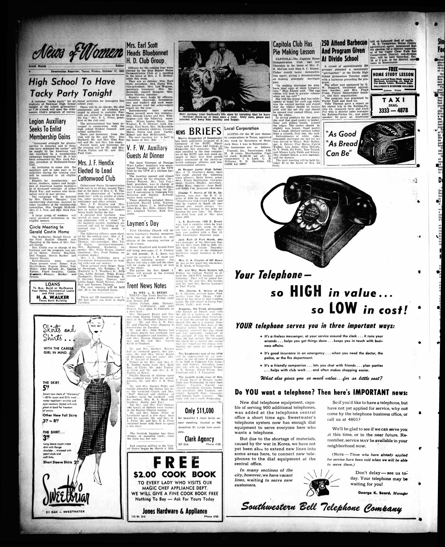 Sweetwater Reporter (Sweetwater, Tex.), Vol. 55, No. 247, Ed. 1 Friday, October 17, 1952
                                                
                                                    [Sequence #]: 4 of 8
                                                