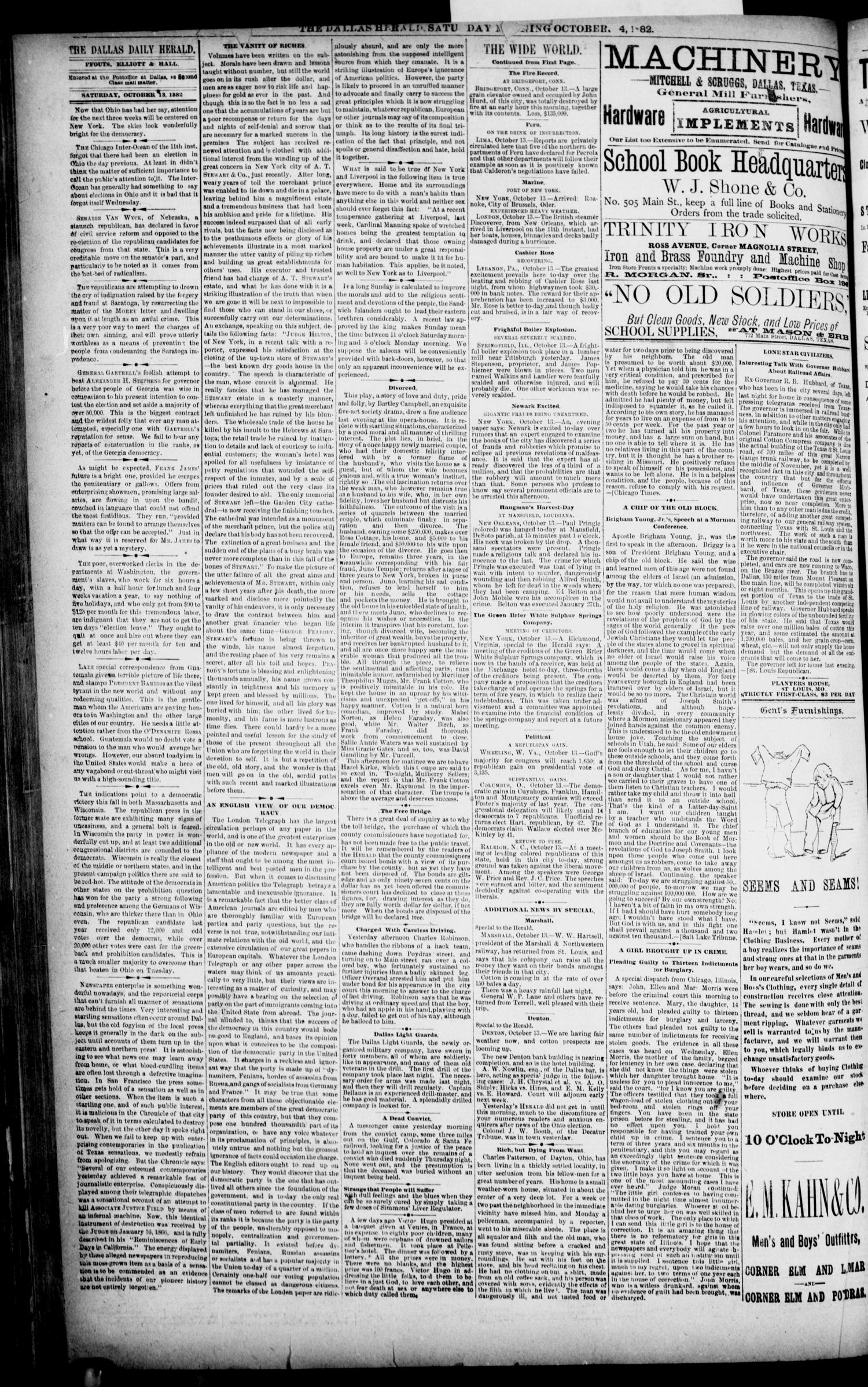 The Dallas Daily Herald. (Dallas, Tex.), Vol. 29, No. 280, Ed. 1 Saturday, October 14, 1882
                                                
                                                    [Sequence #]: 4 of 8
                                                