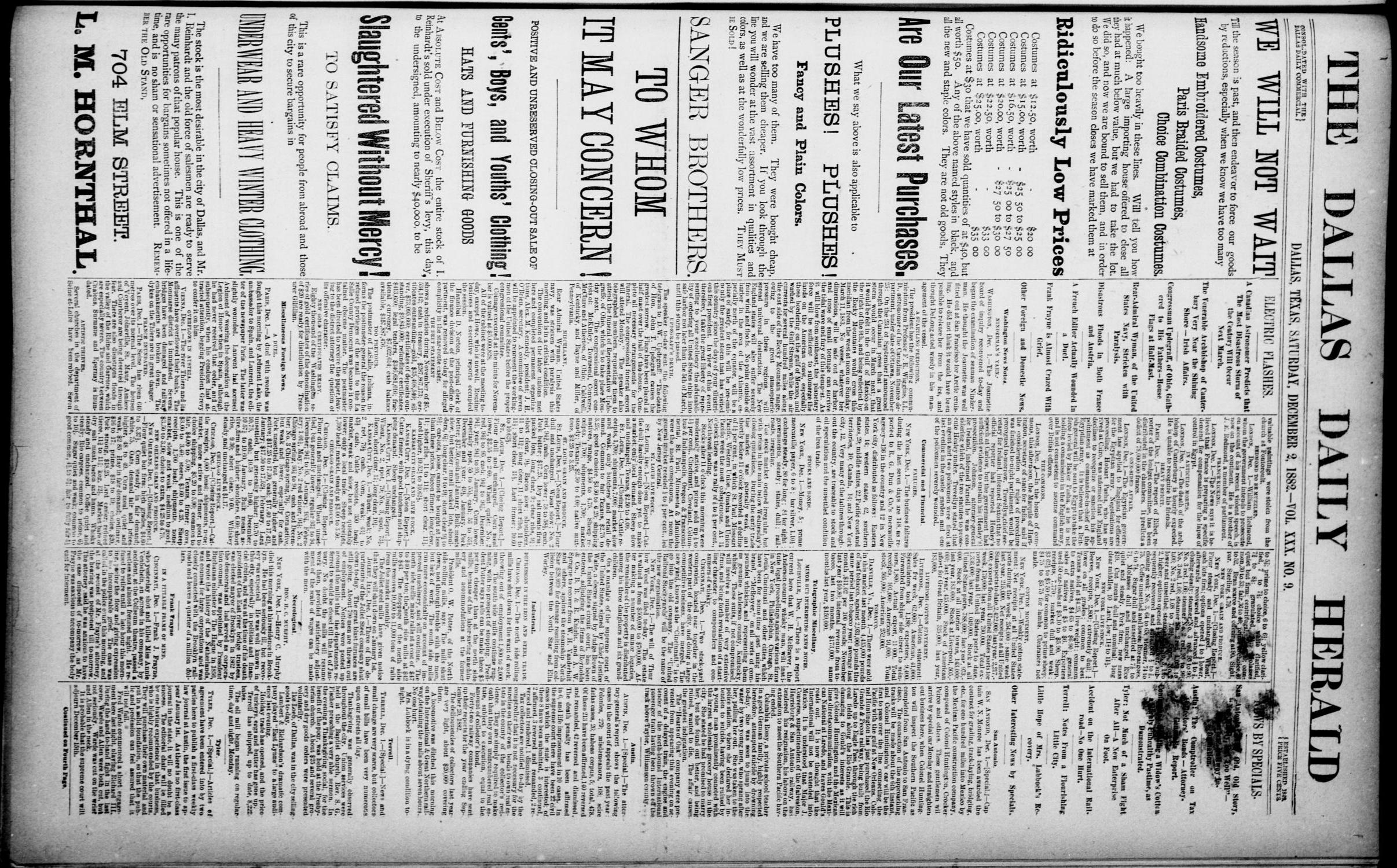 The Dallas Daily Herald. (Dallas, Tex.), Vol. 30, No. 9, Ed. 1 Saturday, December 2, 1882
                                                
                                                    [Sequence #]: 1 of 8
                                                