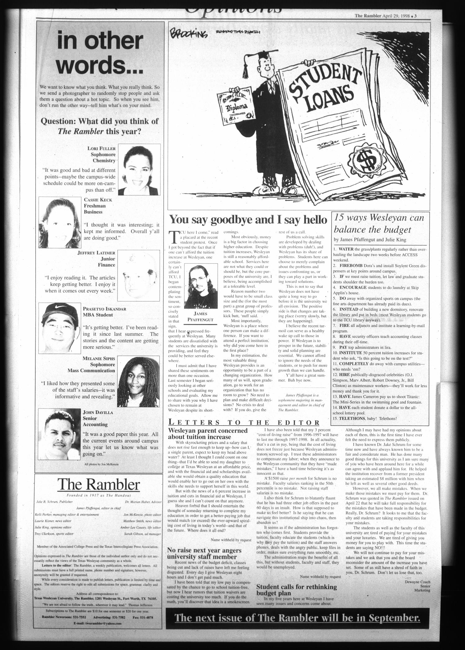 The Rambler (Fort Worth, Tex.), Vol. 81, No. 11, Ed. 1 Wednesday, April 29, 1998
                                                
                                                    [Sequence #]: 3 of 6
                                                