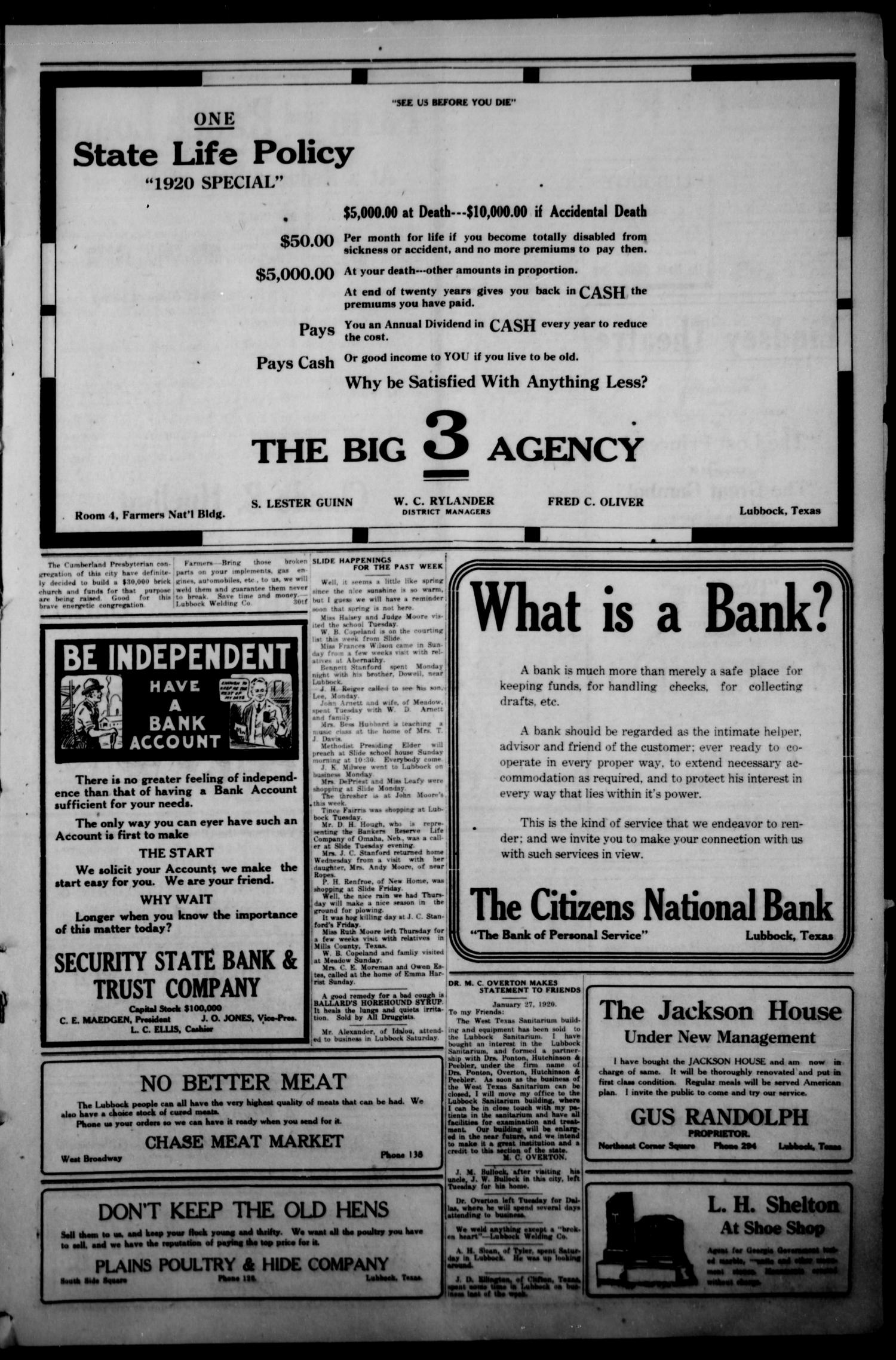 The Lubbock Avalanche. (Lubbock, Texas), Vol. 20, No. 31, Ed. 1 Thursday, January 29, 1920
                                                
                                                    [Sequence #]: 3 of 18
                                                