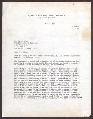 Primary view of object titled '[Letter from William B. Ray to Mario Marcel Salas - December 9, 1974]'.