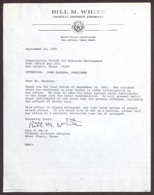Primary view of object titled '[Letter from Bill M. White to John Sanders - September 22, 1981]'.