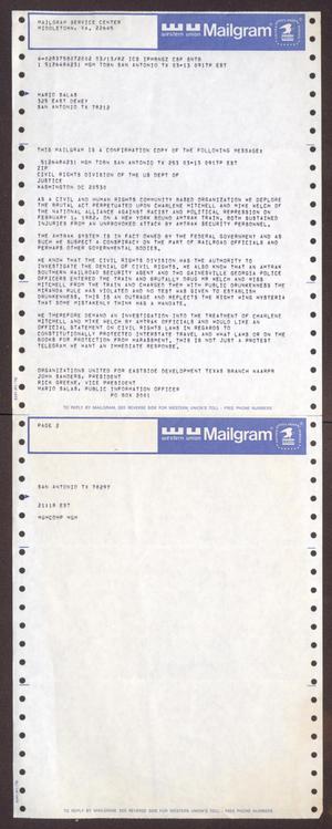 Primary view of object titled '[Letter from Mario Marcel Salas, John Sanders, and Rick Greene to United States Department of Justice - March 13, 1982]'.