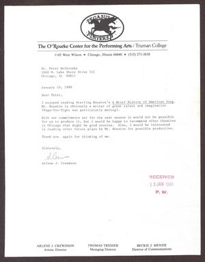 Primary view of object titled '[Letter from Arlene J. Crewdson to Dr. Peter Wolkonsky - January 10, 1989]'.