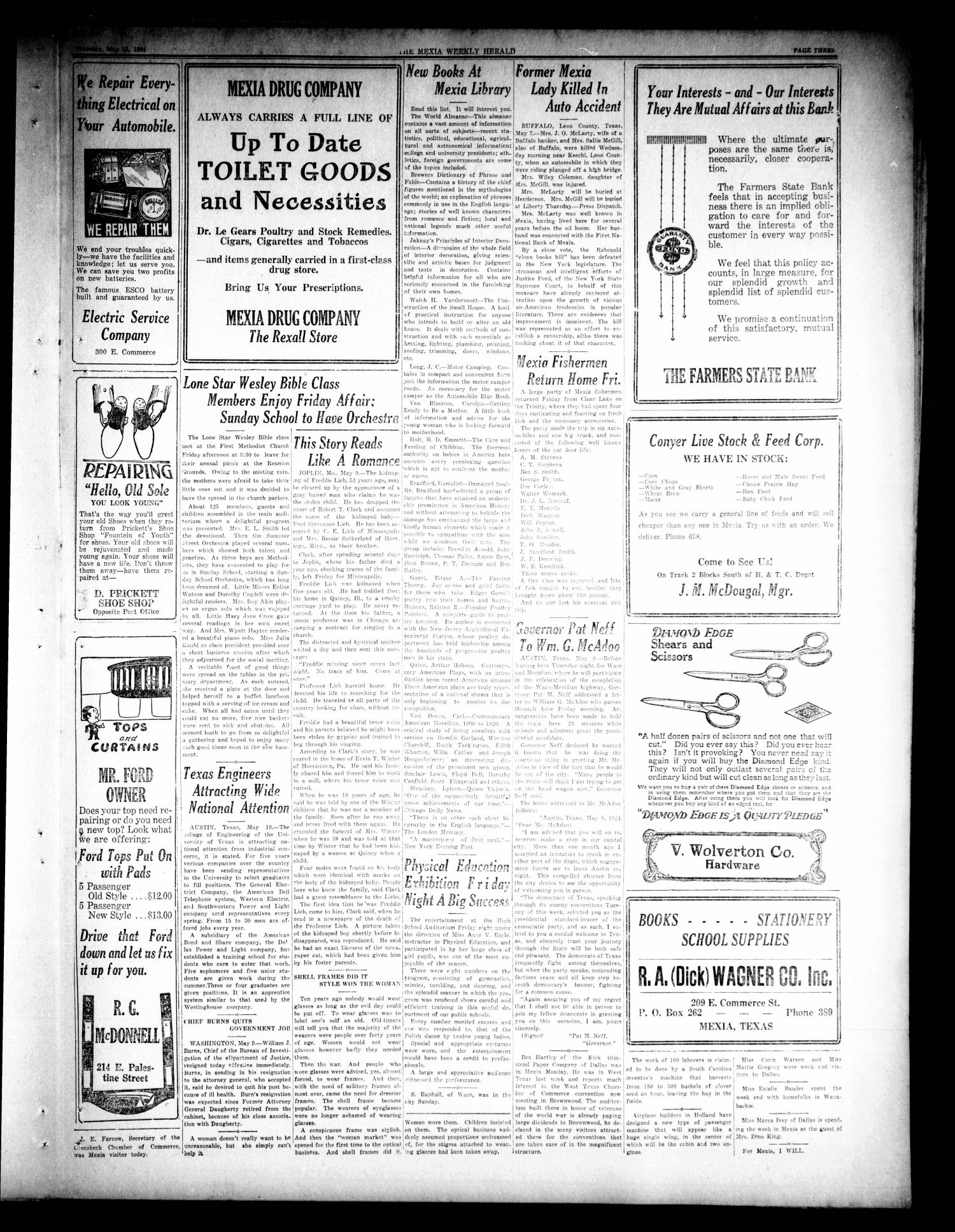 The Mexia Weekly Herald (Mexia, Tex.), Vol. 26, No. 24, Ed. 1 Wednesday, May 14, 1924
                                                
                                                    [Sequence #]: 3 of 4
                                                