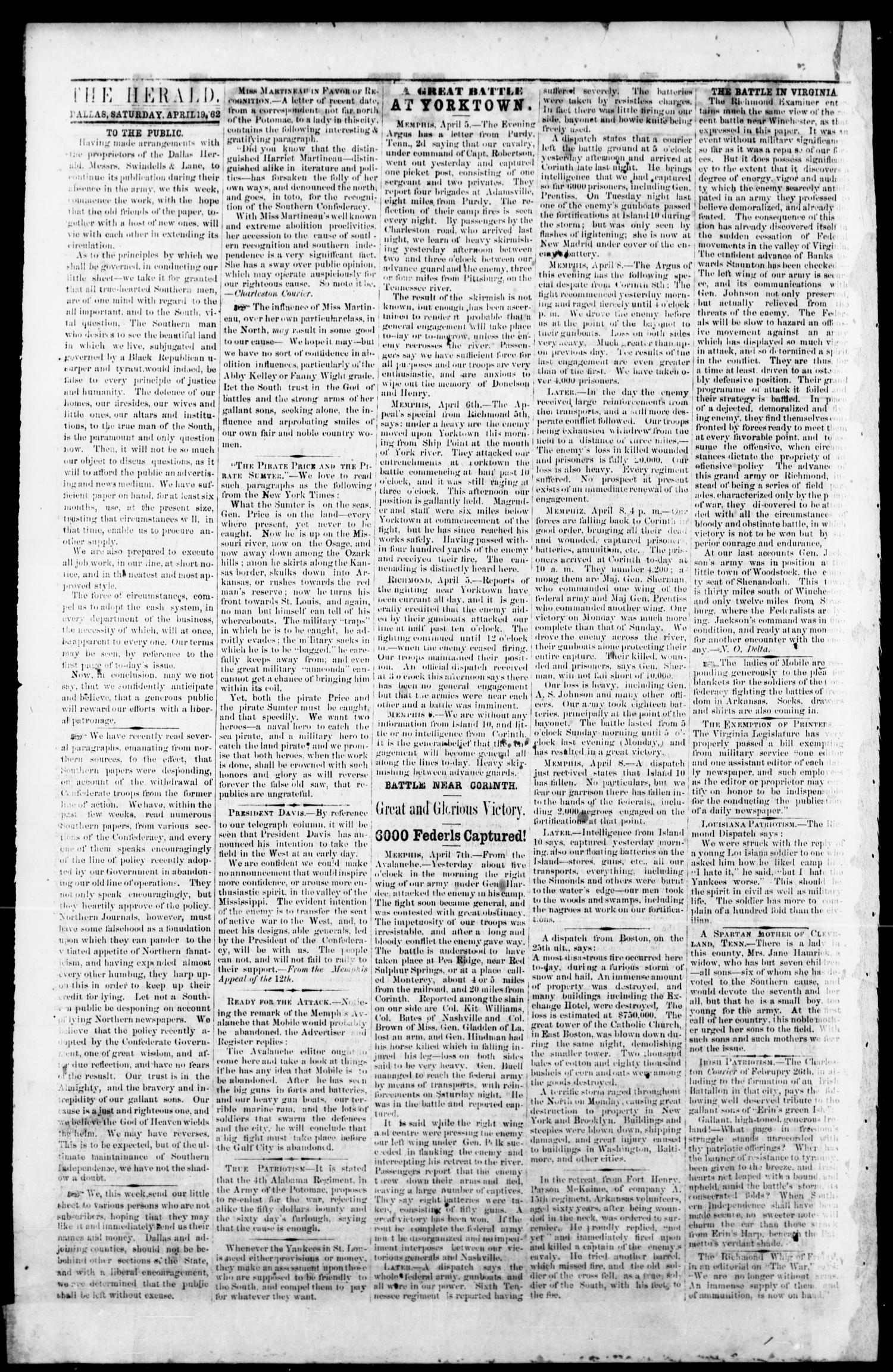 Dallas Herald. (Dallas, Tex.), Vol. 10, No. 20, Ed. 1 Saturday, April 19, 1862
                                                
                                                    [Sequence #]: 2 of 2
                                                