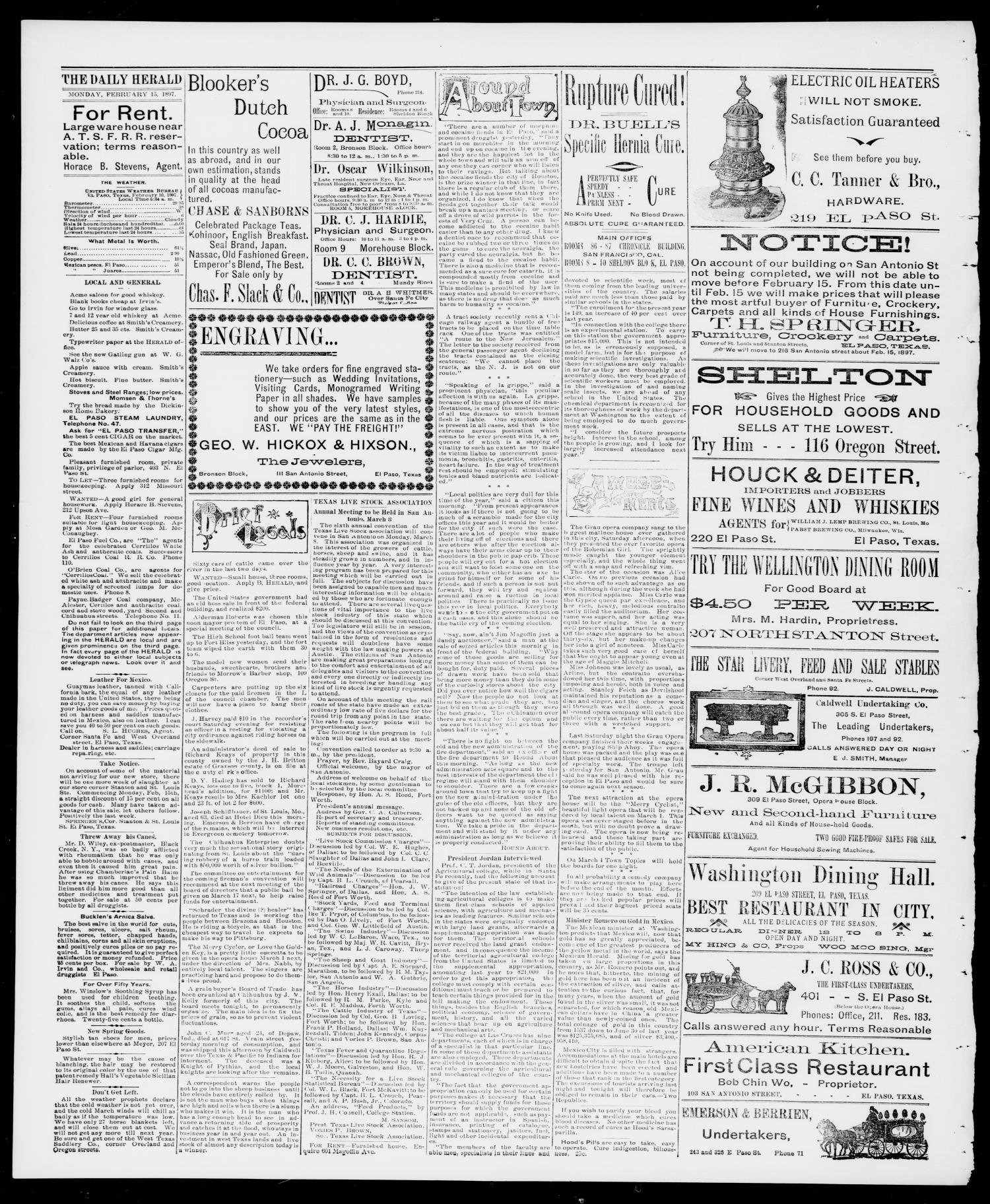 El Paso Daily Herald. (El Paso, Tex.), Vol. 17, No. 38, Ed. 1 Monday, February 15, 1897
                                                
                                                    [Sequence #]: 4 of 4
                                                