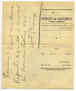 Primary view of object titled '[Affidavit for Garnishment after Judgement]'.