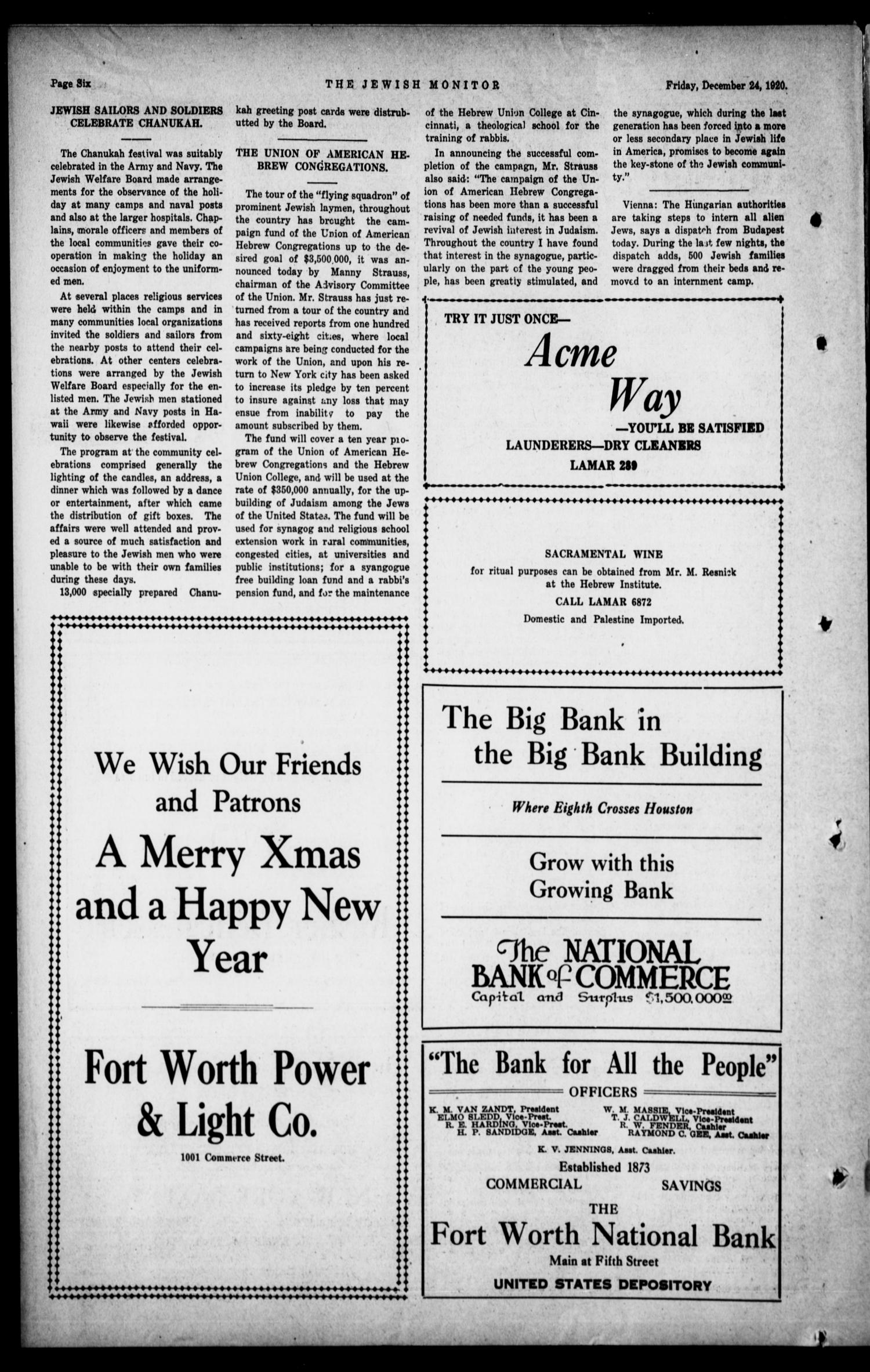 The Jewish Monitor (Fort Worth-Dallas, Tex.), Vol. 10, No. 14, Ed. 1 Friday, December 24, 1920
                                                
                                                    [Sequence #]: 6 of 10
                                                