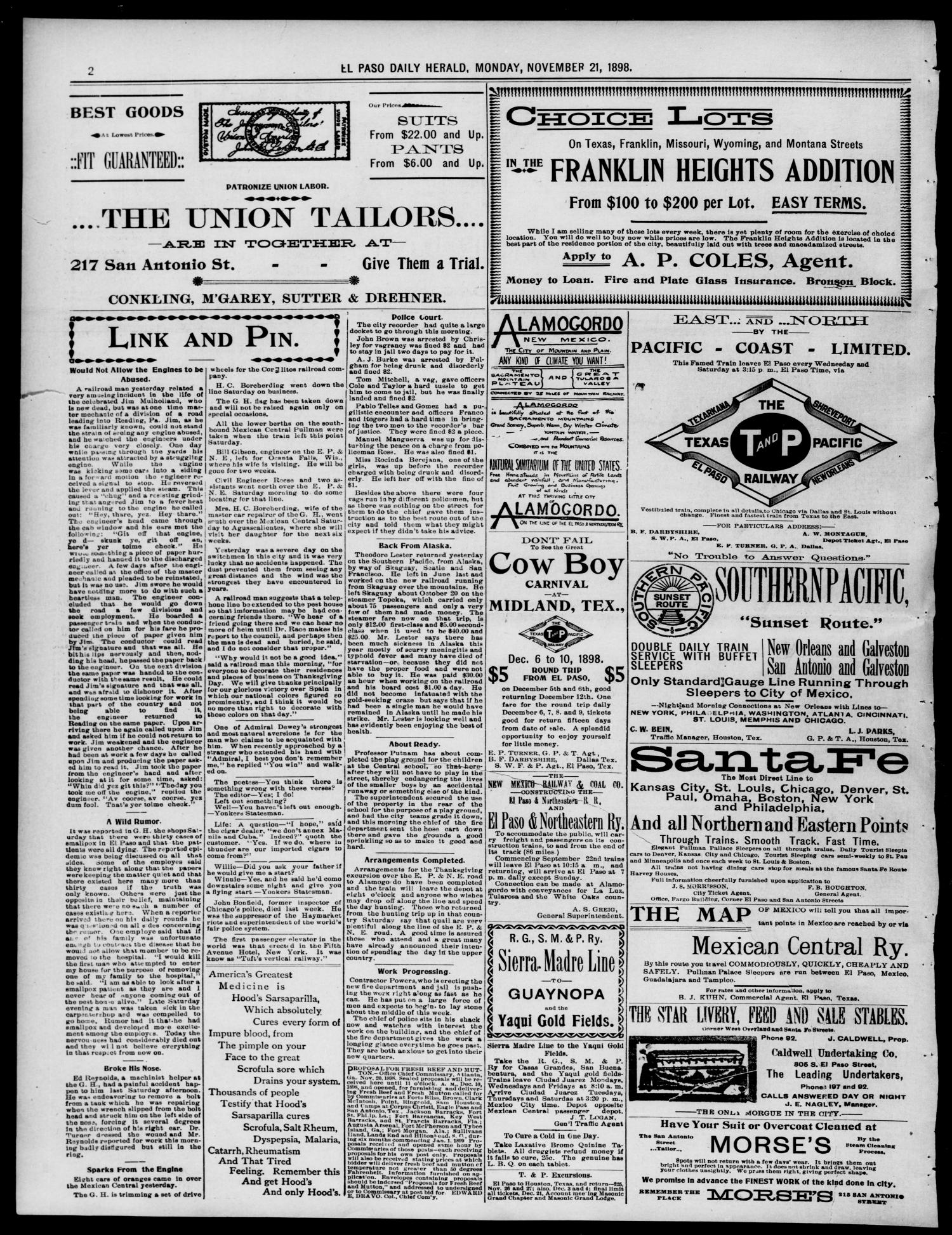 El Paso Daily Herald. (El Paso, Tex.), Vol. 18, No. 264, Ed. 2 Monday, November 21, 1898
                                                
                                                    [Sequence #]: 2 of 4
                                                