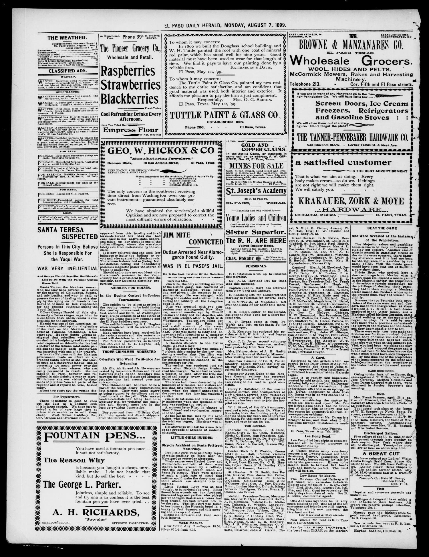 El Paso Daily Herald. (El Paso, Tex.), Vol. 19, No. 185, Ed. 1 Monday, August 7, 1899
                                                
                                                    [Sequence #]: 8 of 8
                                                