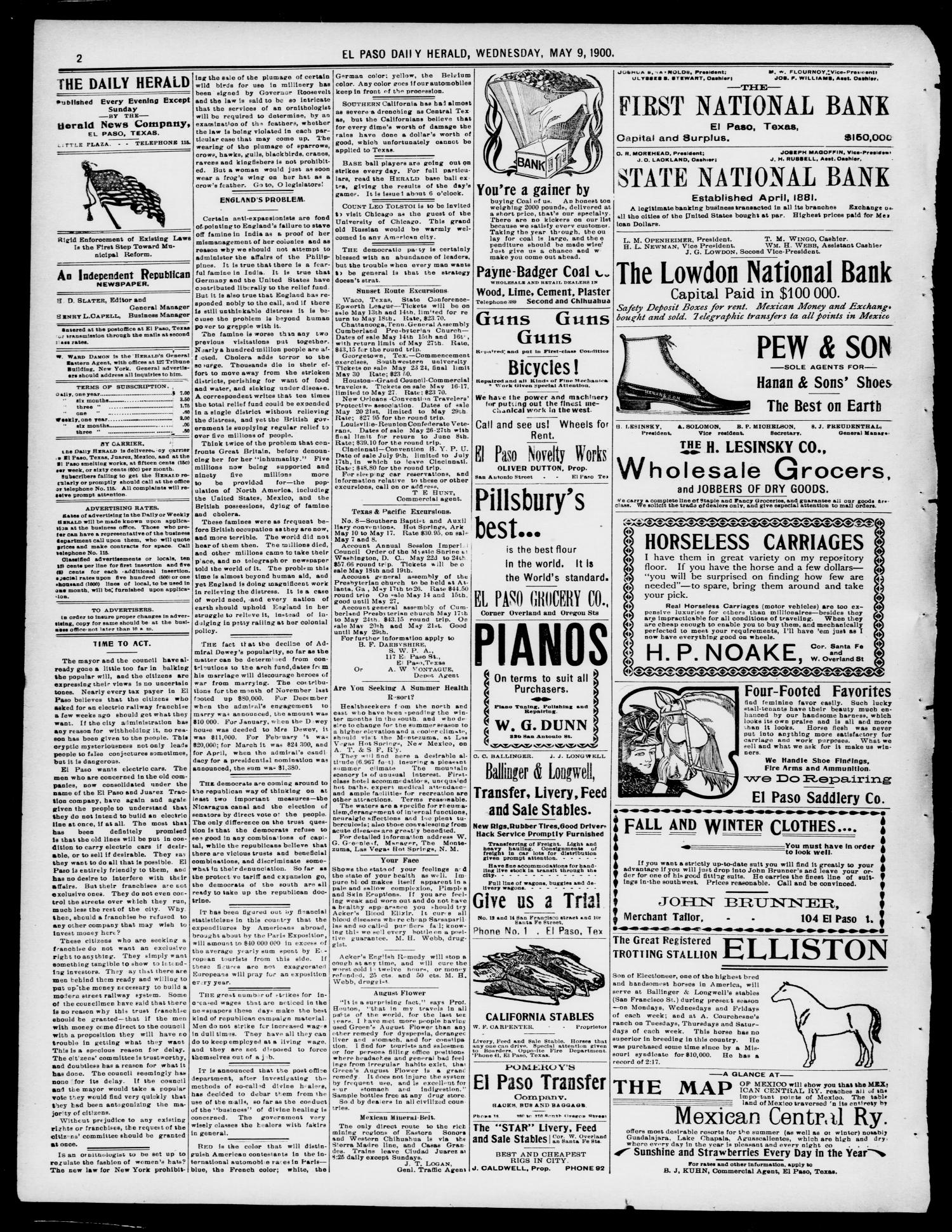 El Paso Daily Herald. (El Paso, Tex.), Vol. 20TH YEAR, No. 108, Ed. 1 Wednesday, May 9, 1900
                                                
                                                    [Sequence #]: 2 of 8
                                                