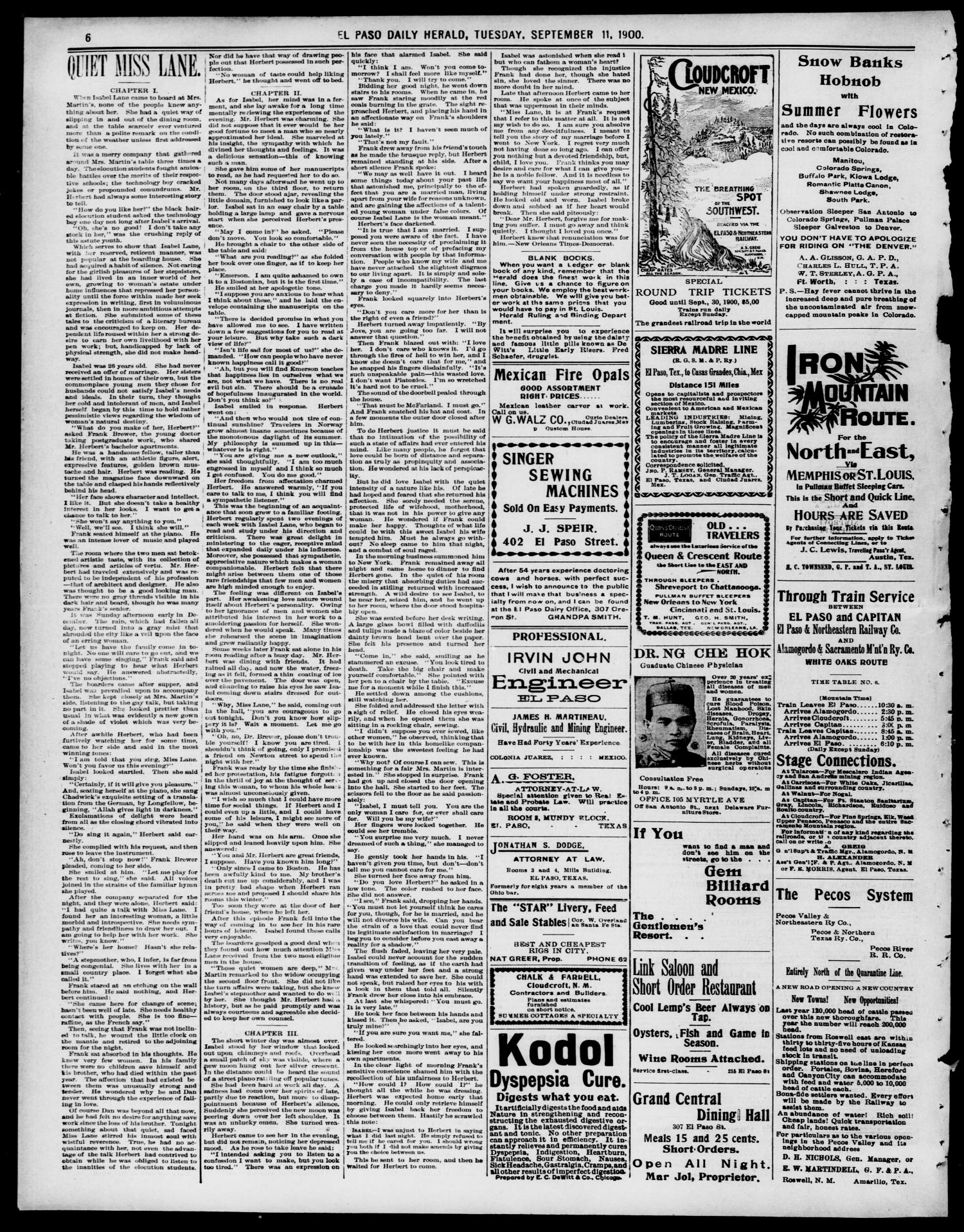 El Paso Daily Herald. (El Paso, Tex.), Vol. 20TH YEAR, No. 205, Ed. 1 Tuesday, September 11, 1900
                                                
                                                    [Sequence #]: 6 of 8
                                                