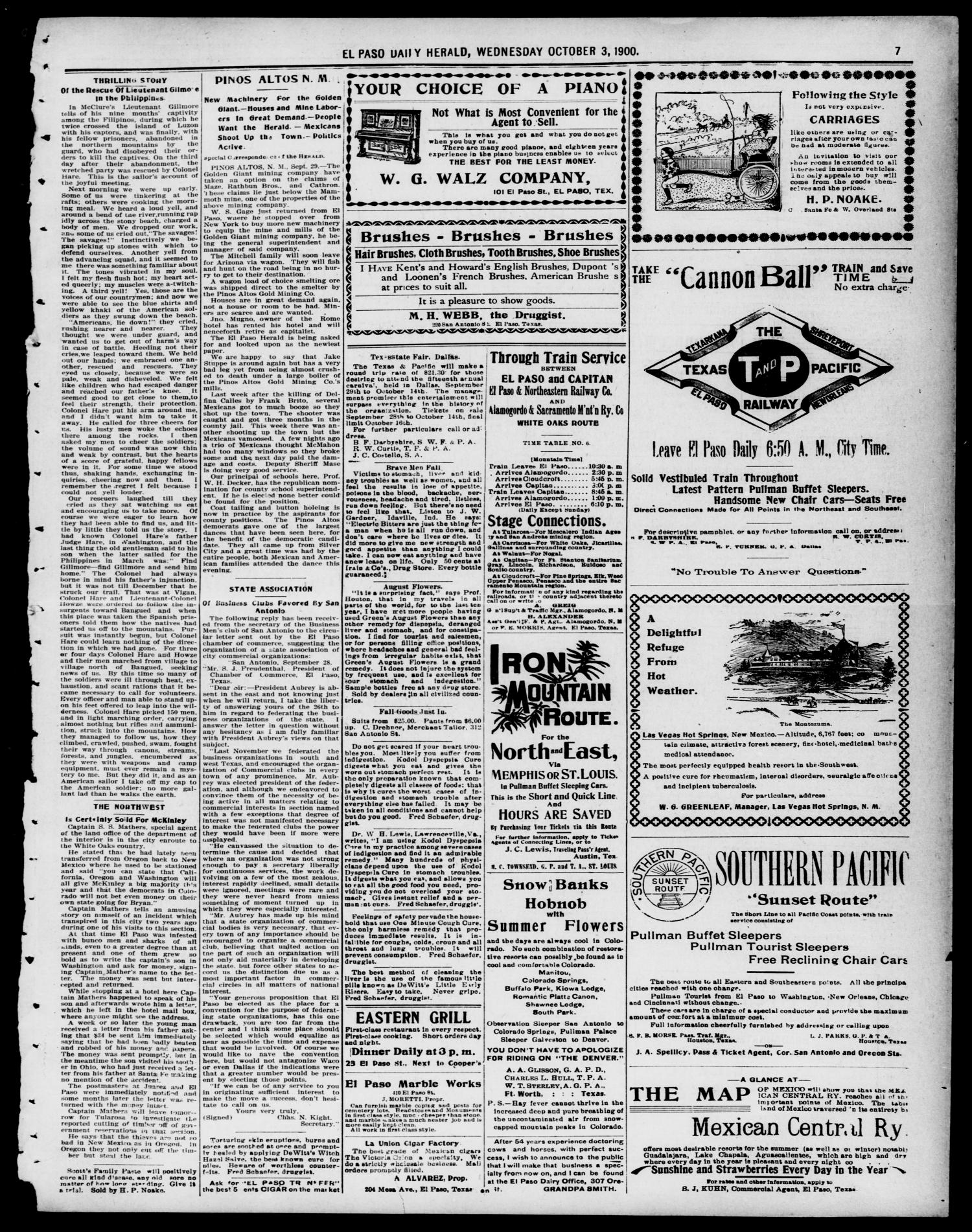 El Paso Daily Herald. (El Paso, Tex.), Vol. 20TH YEAR, No. 224, Ed. 1 Wednesday, October 3, 1900
                                                
                                                    [Sequence #]: 7 of 8
                                                
