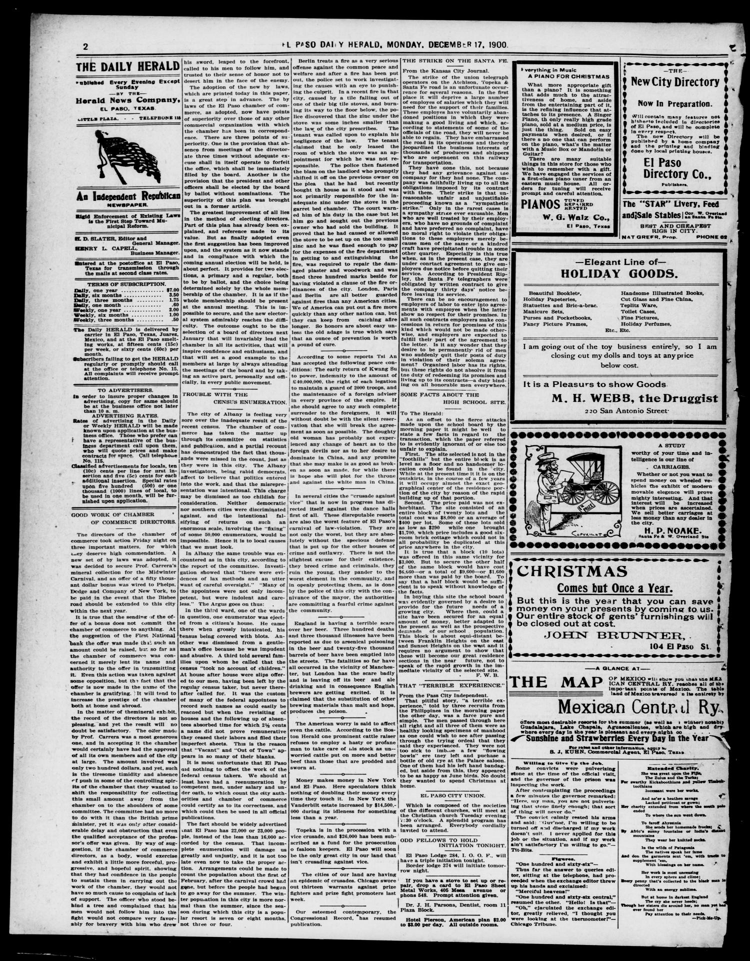 El Paso Daily Herald. (El Paso, Tex.), Vol. 20TH YEAR, No. 298, Ed. 1 Monday, December 17, 1900
                                                
                                                    [Sequence #]: 2 of 8
                                                