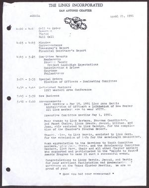 Primary view of object titled '[Agenda for the San Antonio Chapter of the Links, Inc. Meeting - April 21, 1991]'.