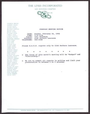 Primary view of object titled '[Links Chapter Documentation: Notice of Regular Link Meeting for San Antonio Chapter on February 16, 1992]'.