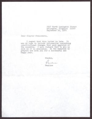 Primary view of object titled '[Letter from Pauline Ellison to Links Chapter Presidents - September 20, 1974]'.