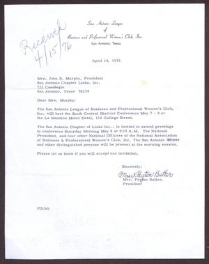 Primary view of object titled '[Letter from Mrs. Payton Butler to Edwina Murphy - April 14, 1976]'.