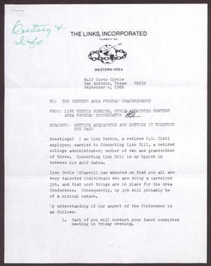 Primary view of object titled '[Letter from Vernis Hudgins to Western Area Program Chairpersons - September 4, 1986]'.