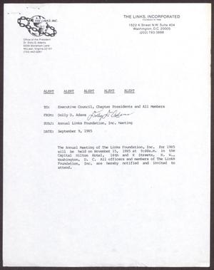 Primary view of object titled '[Memorandum from Dolly D. Adams to Executive Council, Chapter Presidents, and All Links Members - September 9, 1985]'.