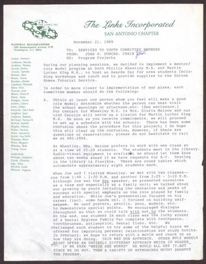 Primary view of object titled '[Memorandum from Joan H. Duncan to Services to Youth Committee Members - November 21, 1989]'.