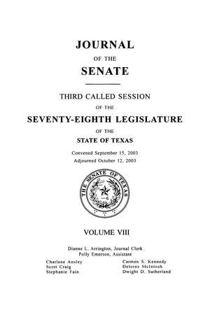 Primary view of object titled 'Journal of the Senate, Third and Fourth Called Sessions of the Seventy-Eighth Legislature of the State of Texas, Volume 8'.