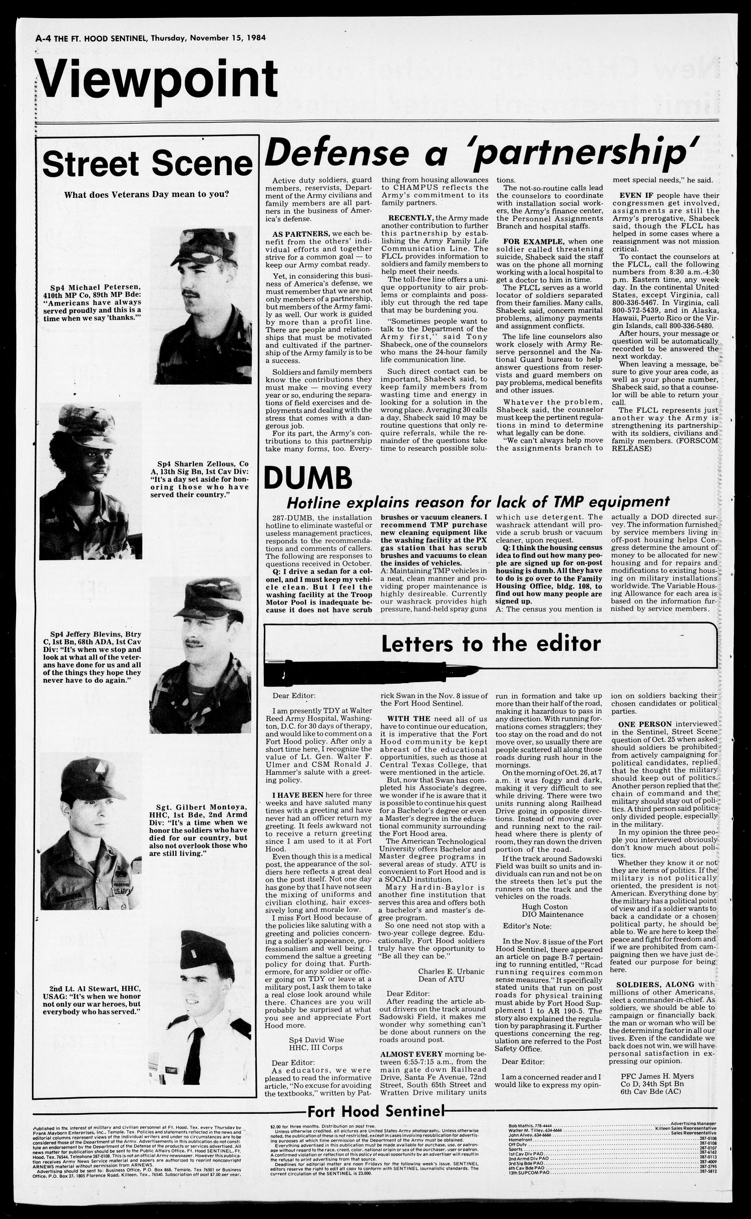 The Fort Hood Sentinel (Temple, Tex.), Vol. 43, No. 28, Ed. 1 Thursday, November 15, 1984
                                                
                                                    [Sequence #]: 4 of 52
                                                
