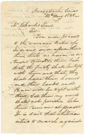 Primary view of object titled '[Letter from Sam Houston to Charles Sims, August 12, 1838]'.