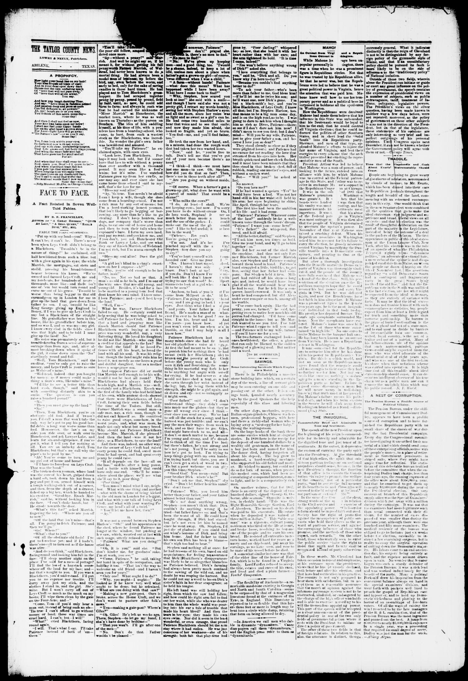 The Taylor County News. (Abilene, Tex.), Vol. 1, No. 2, Ed. 1 Friday, March 27, 1885
                                                
                                                    [Sequence #]: 3 of 6
                                                