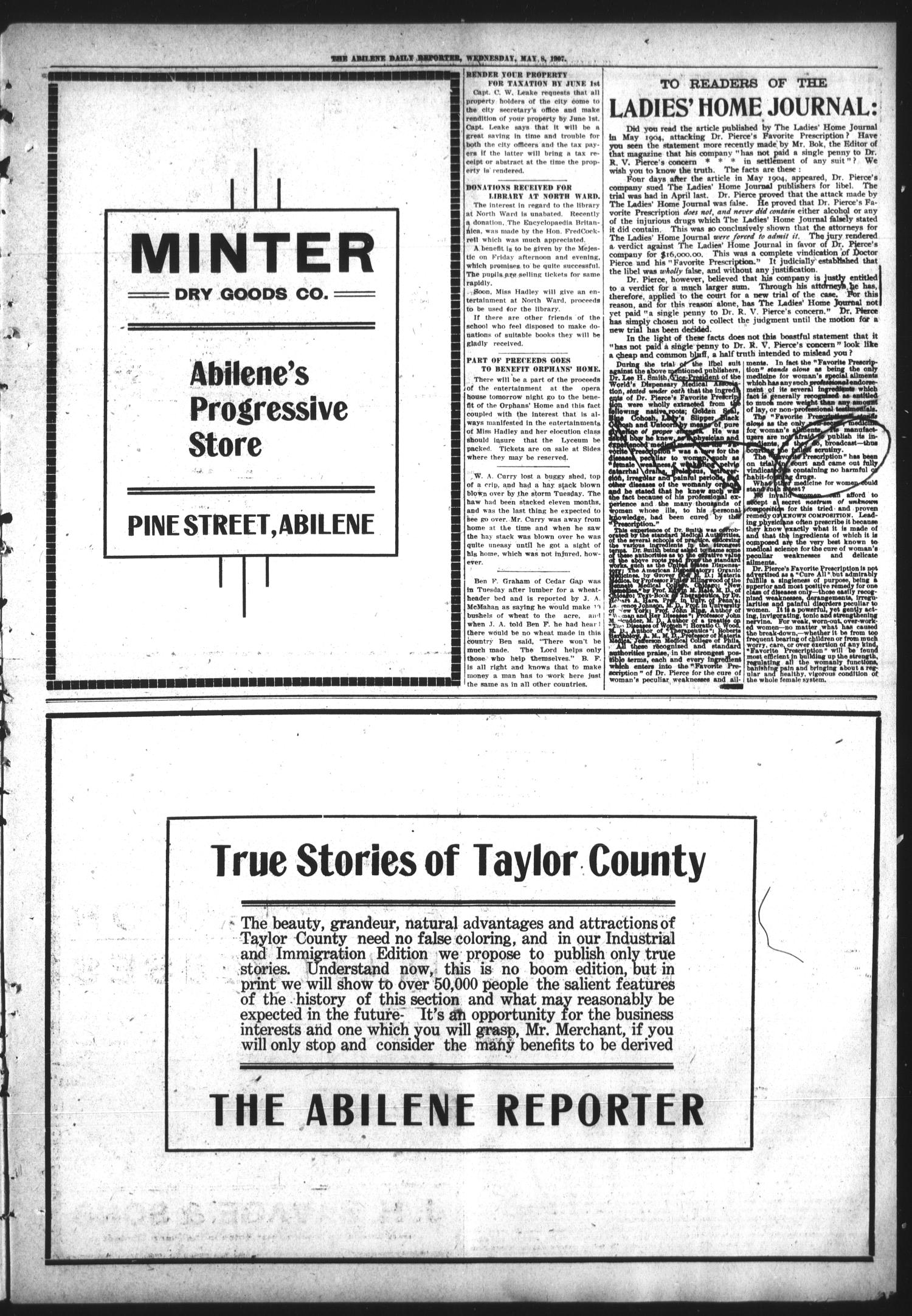 Abilene Daily Reporter (Abilene, Tex.), Vol. 11, No. 259, Ed. 1 Wednesday, May 8, 1907
                                                
                                                    [Sequence #]: 5 of 8
                                                