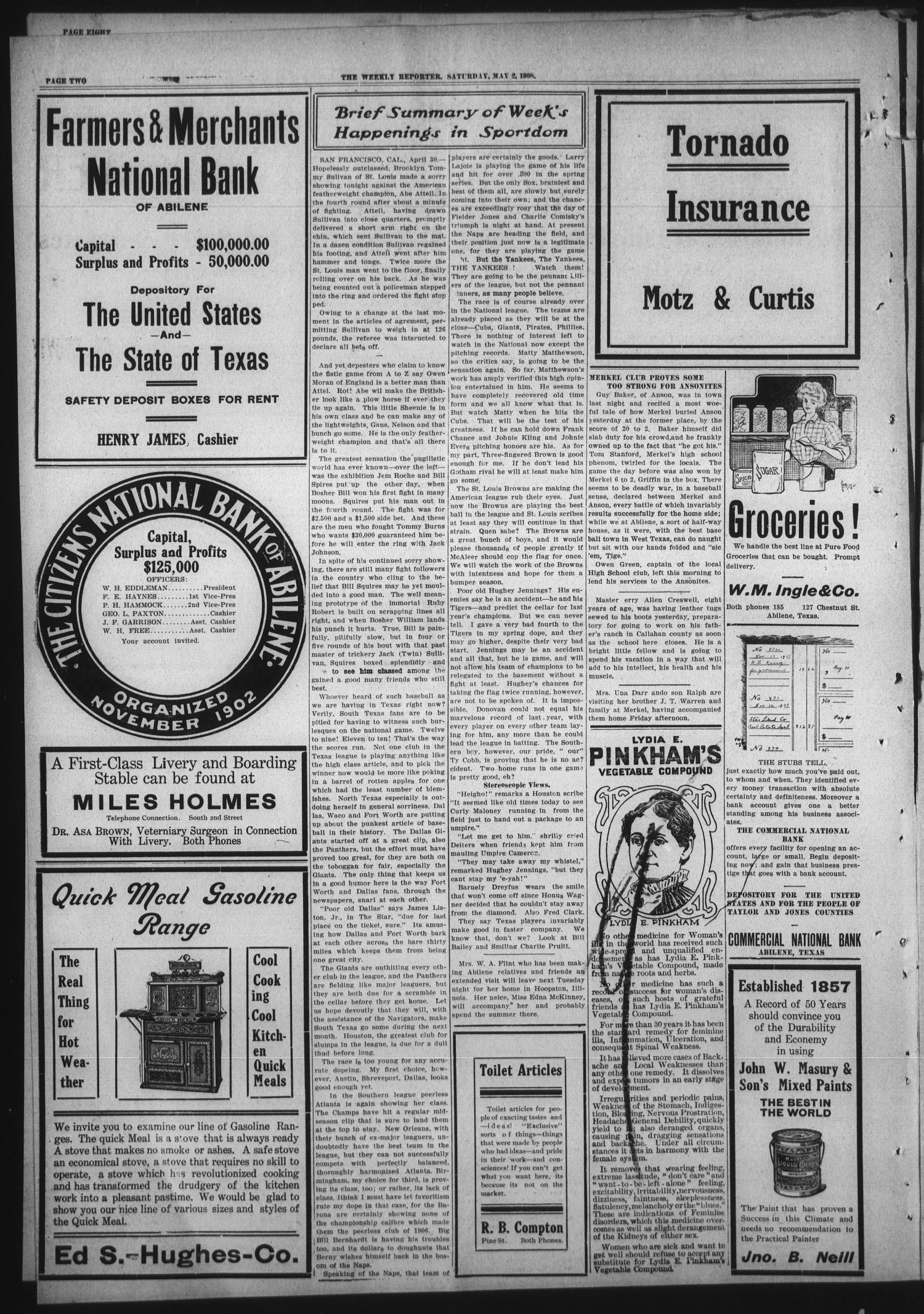 Abilene Daily Reporter (Abilene, Tex.), Vol. 12, No. 242, Ed. 1 Sunday, May 3, 1908
                                                
                                                    [Sequence #]: 2 of 10
                                                