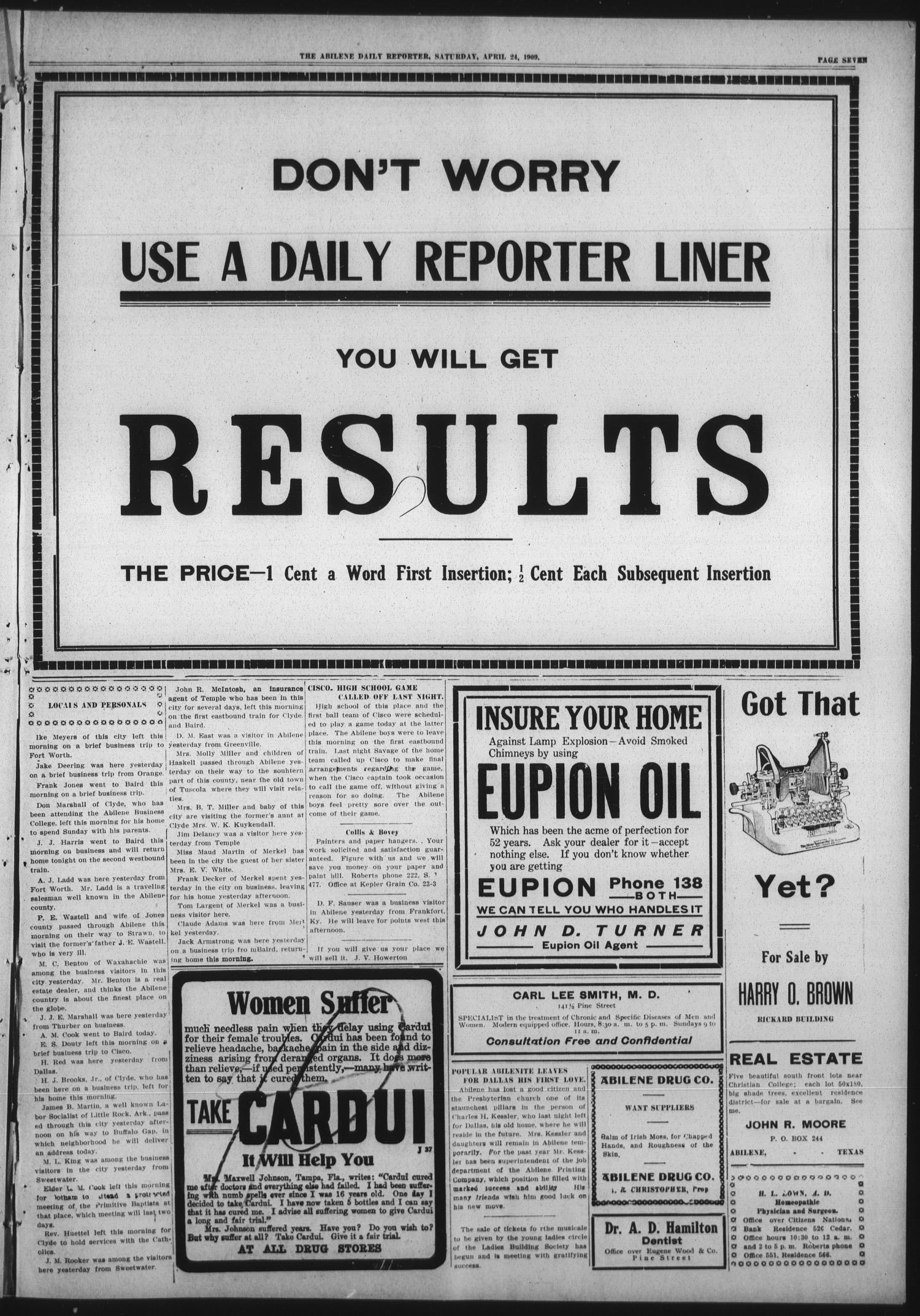 Abilene Daily Reporter (Abilene, Tex.), Vol. 13, No. 230, Ed. 1 Saturday, April 24, 1909
                                                
                                                    [Sequence #]: 7 of 8
                                                