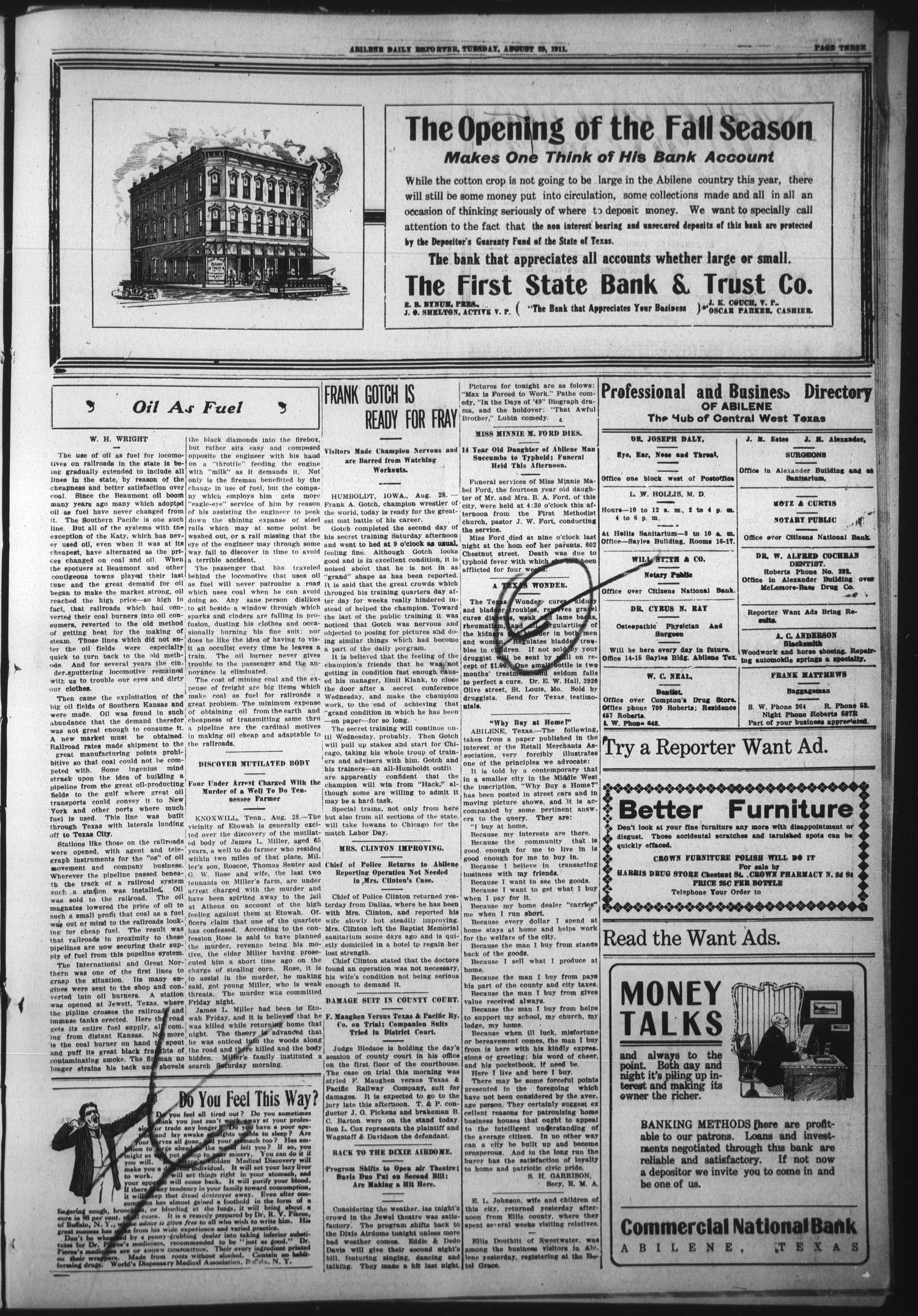 Abilene Daily Reporter (Abilene, Tex.), Vol. 15, No. 306, Ed. 1 Tuesday, August 29, 1911
                                                
                                                    [Sequence #]: 3 of 8
                                                