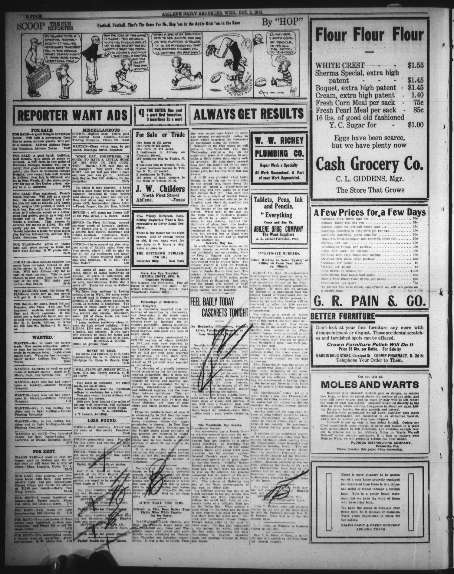 The Abilene Daily Reporter (Abilene, Tex.), Vol. 16, No. 239, Ed. 1 Wednesday, October 2, 1912
                                                
                                                    [Sequence #]: 4 of 6
                                                