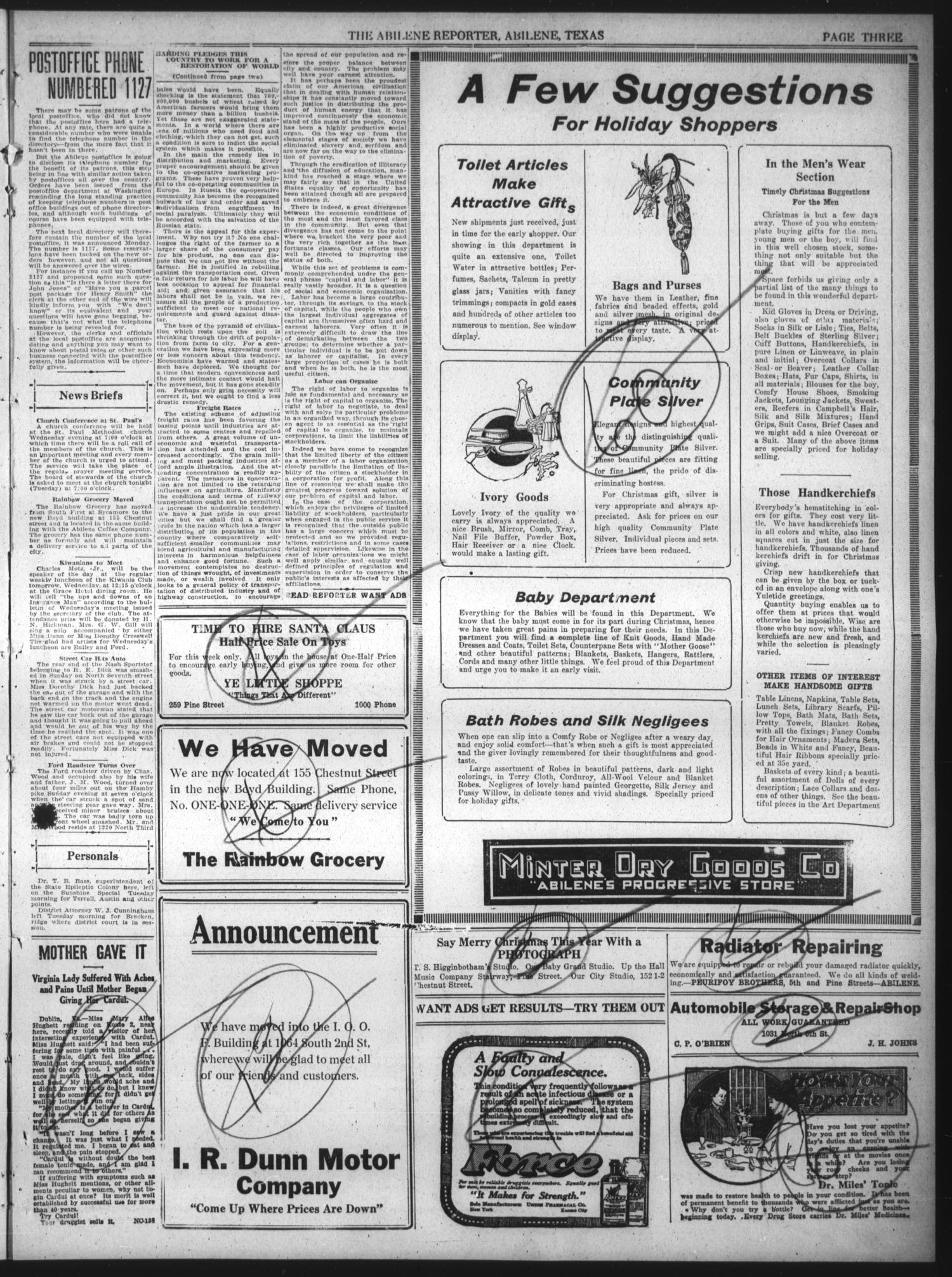 The Abilene Daily Reporter (Abilene, Tex.), Vol. 34, No. 282, Ed. 1 Tuesday, December 6, 1921
                                                
                                                    [Sequence #]: 3 of 8
                                                