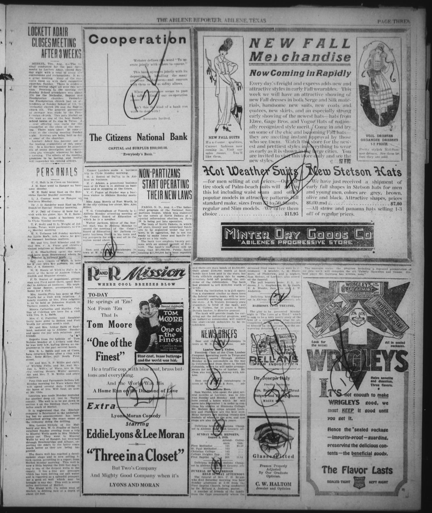 The Abilene Daily Reporter (Abilene, Tex.), Vol. 22, No. 203, Ed. 1 Monday, August 4, 1919
                                                
                                                    [Sequence #]: 3 of 8
                                                