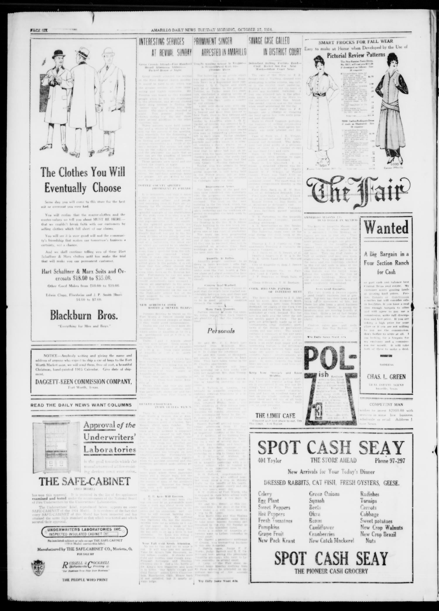Amarillo Daily News (Amarillo, Tex.), Vol. 4, No. 310, Ed. 1 Tuesday, October 27, 1914
                                                
                                                    [Sequence #]: 6 of 6
                                                